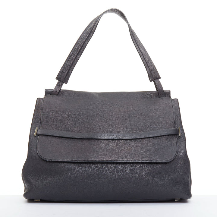 THE ROW Top Handle 14 black pebble leather loop through flap shoulder bag