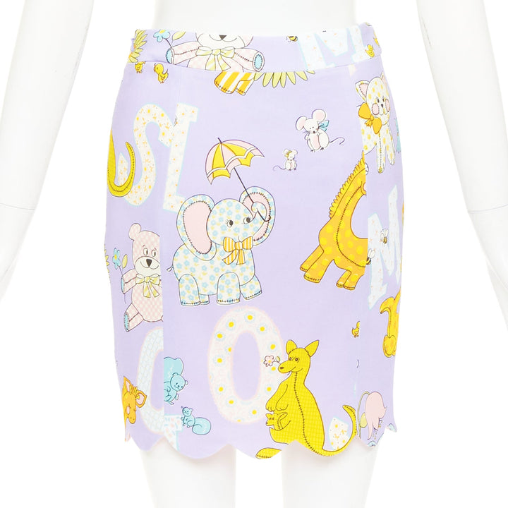MOSCHINO COUTURE! 2022 Runway Calico Animals purple scallop mini skirt IT42 M