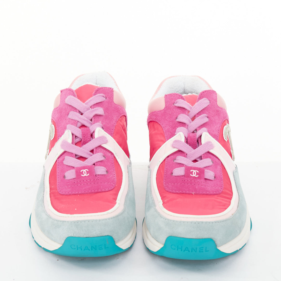 CHANEL 2018 pink blue suede fabric CC logo low top chunky sneakers EU38.5