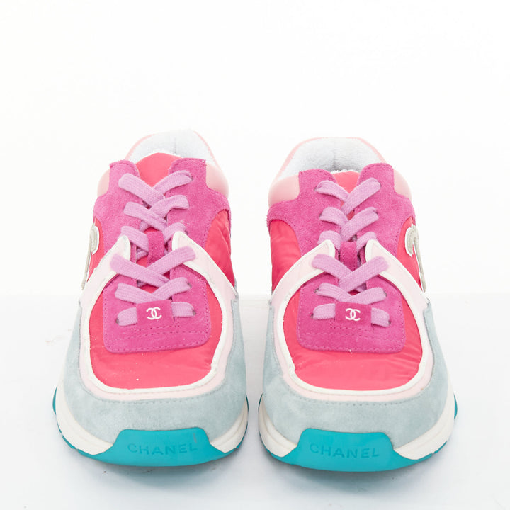CHANEL 2018 pink blue suede fabric CC logo low top chunky sneakers EU38.5