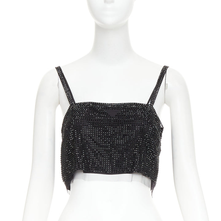 PRADA 2021 black crystal rhinestone mesh space spaghetti strap crop top IT38 XS