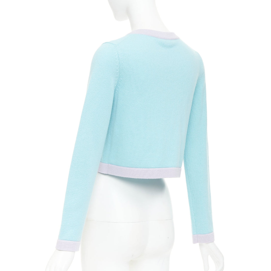 CHANEL 24C 100% cashmere pastel blue contrast trim glitter CC cropped cardigan F