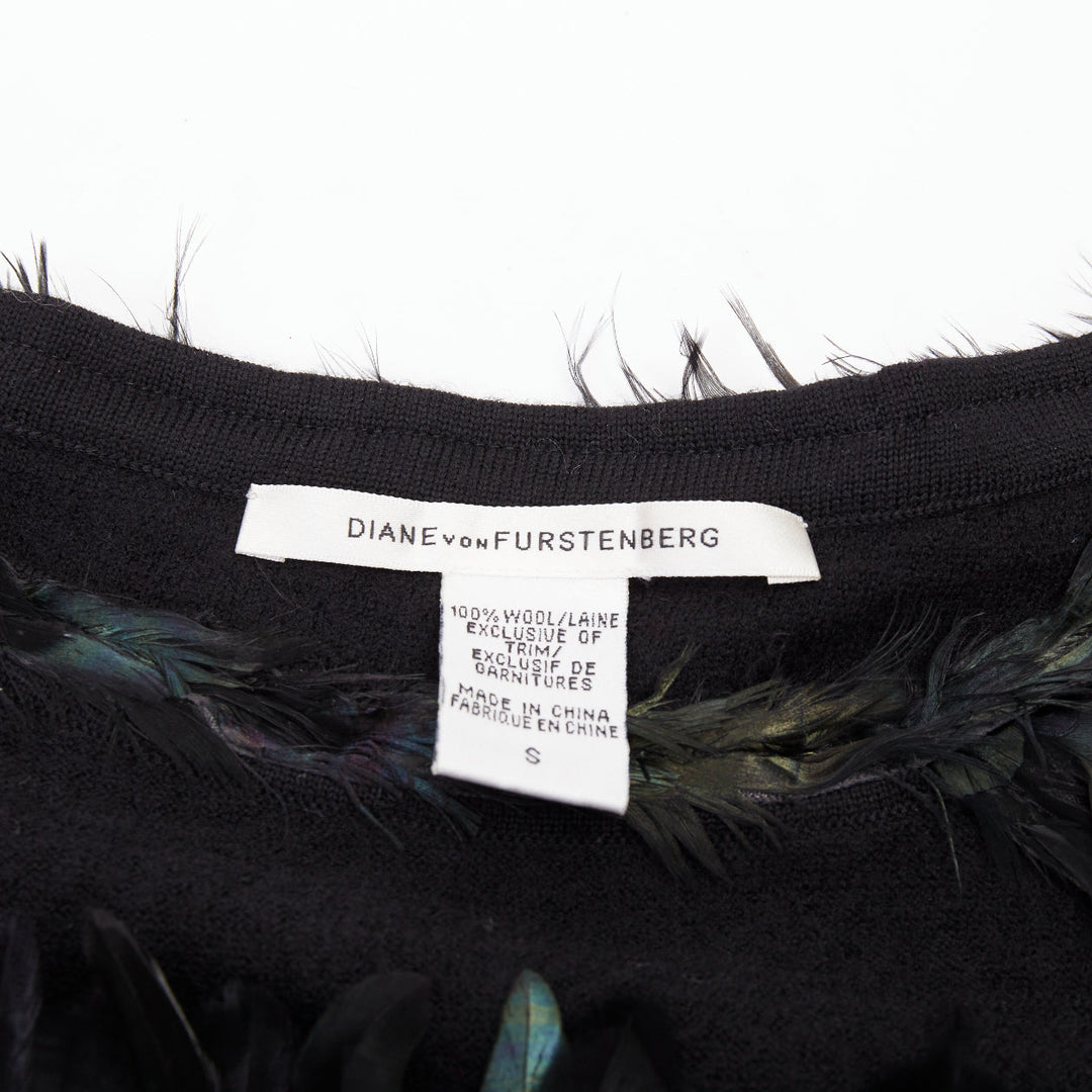 DIANE VON FURSTENBERG black wool iridescent sequin feather hem mini dress S