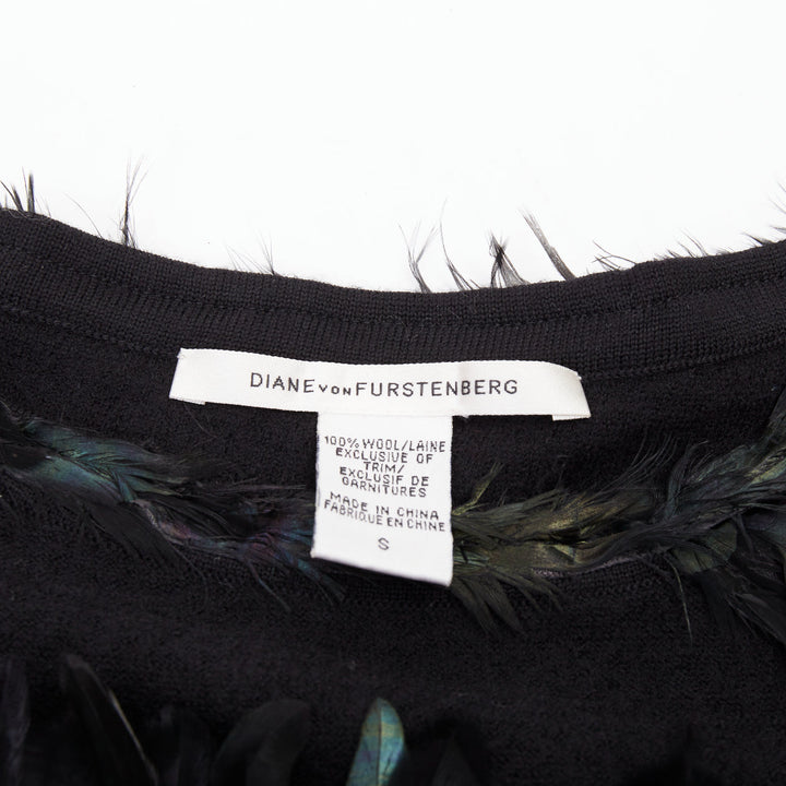 DIANE VON FURSTENBERG black wool iridescent sequin feather hem mini dress S