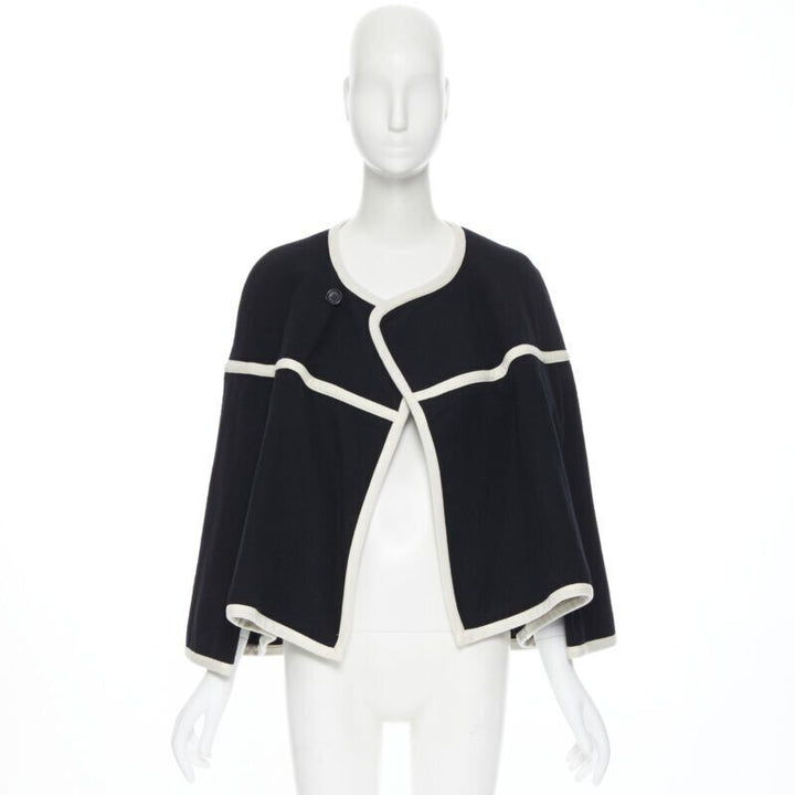 vintage COMME DES GARCONS 1989 Runway black white trimmed cape poncho jacket M
