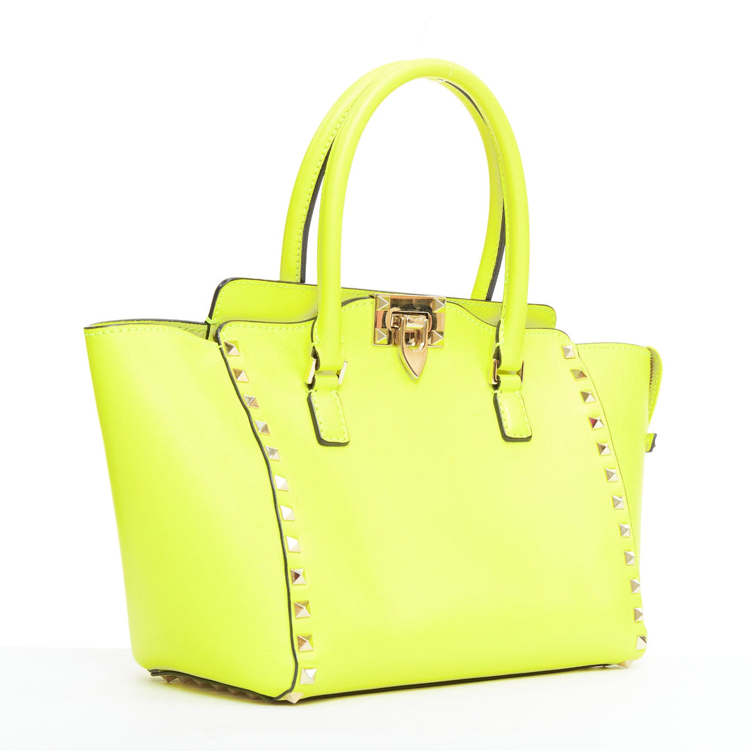 VALENTINO Rockstud neon yellow leather pyramid stud tote bag