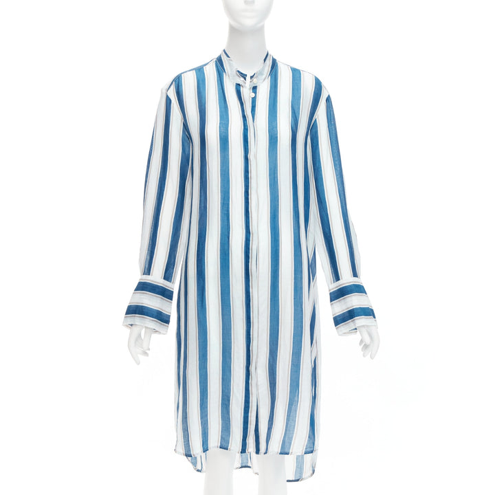 LEE MATHEWS blue grey stripe 100% linen high low hem casual shirt dress US0 XS