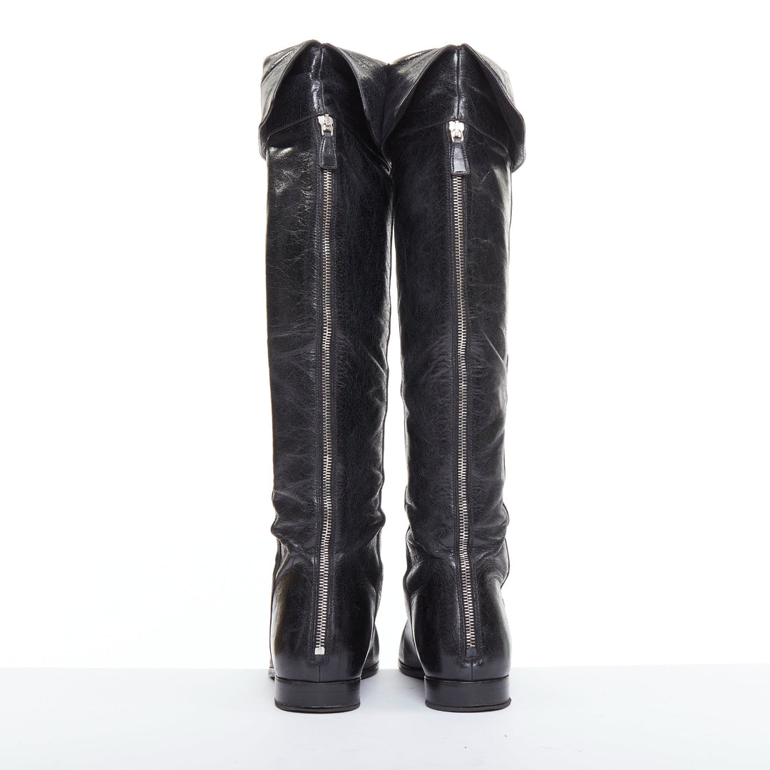 PRADA Vintage black soft nappa leather over the knee exposed back zip boots EU38