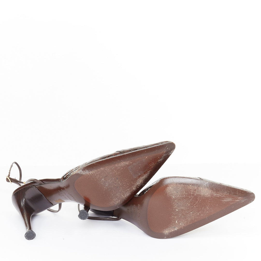 SERGIO ROSSI brown croc embossed leather high heel ankle strap pumps EU37 US7