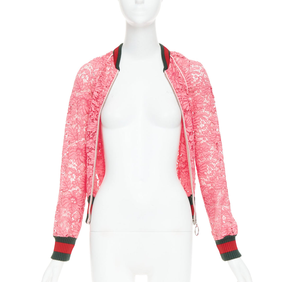 GUCCI 2015 Michele pink floral lace vintage web bomber jacket IT40 S