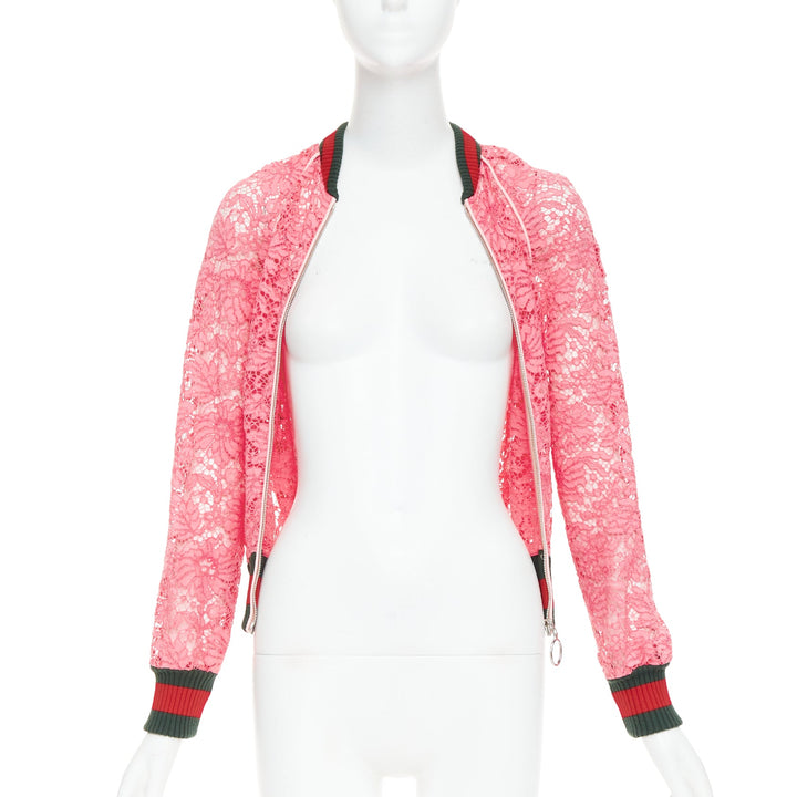 GUCCI 2015 Michele pink floral lace vintage web bomber jacket IT40 S