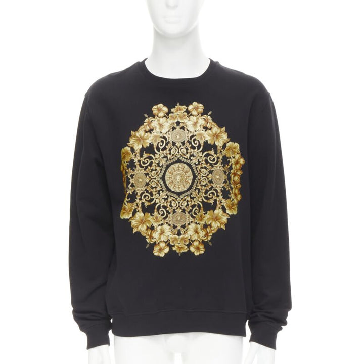 VERSACE black gold Barocco Hibiscus Medusa cotton crew sweater S