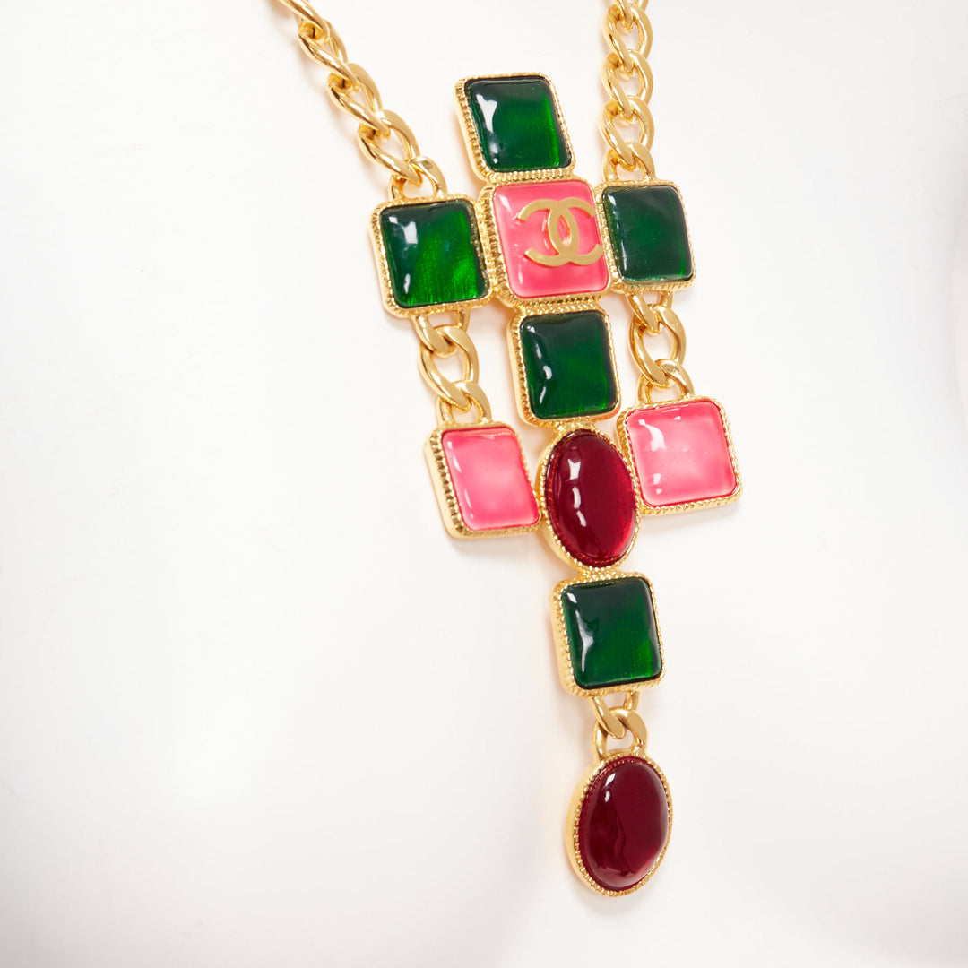 rare CHANEL B20K green pink red gripoix gold CC logo byzantine princess necklace
