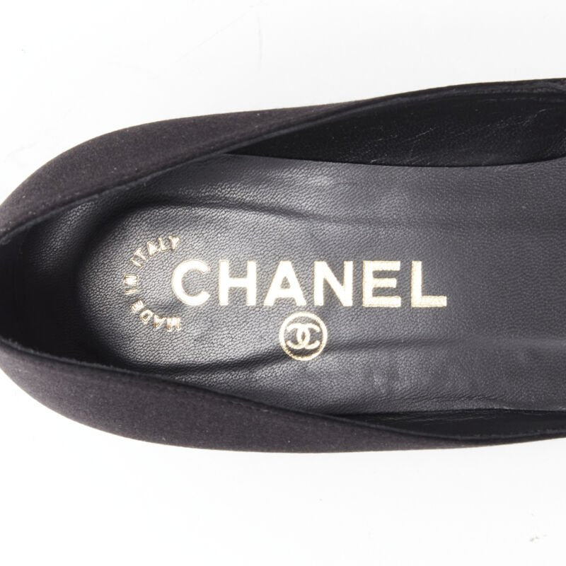 CHANEL 08C G G25751 black lace Camellia floral gold CC satin ballet flats EU37.5