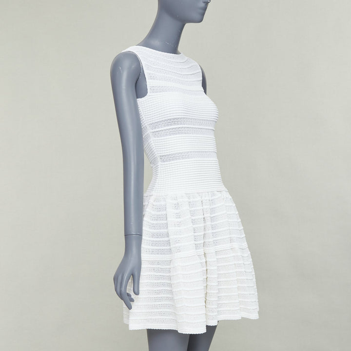 ALAIA cream viscose blend horizontal tiered knit fit flare mini dress FR36 S