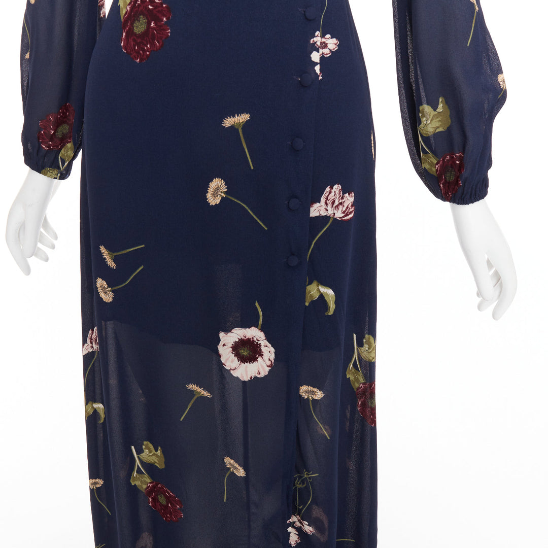 REFORMATION Gillian navy viscose floral print hi neck peasant dress US2 S
