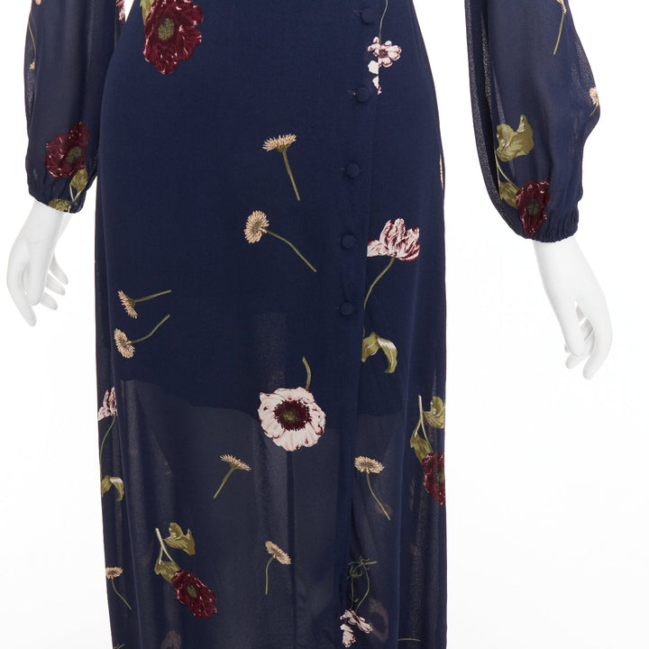 REFORMATION Gillian navy viscose floral print hi neck peasant dress US2 S
