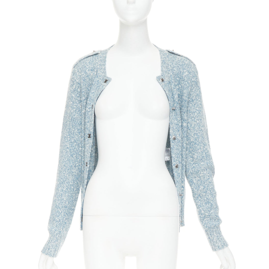 CHANEL blue melange cashmere CC turnlock buttons cardigan sweater FR36 S