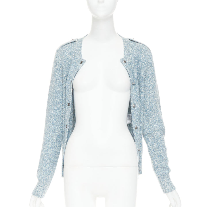 CHANEL blue melange cashmere CC turnlock buttons cardigan sweater FR36 S