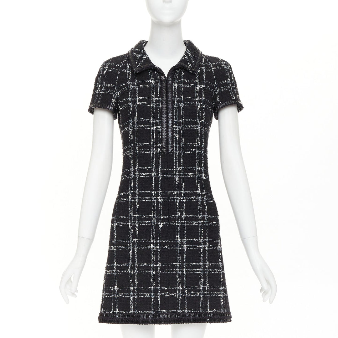 CHANEL 2007 black white check plaid bow collar fringe tweed dress FR36 S