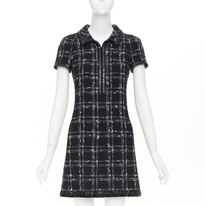 CHANEL 2007 black white check plaid bow collar fringe tweed dress FR36 S