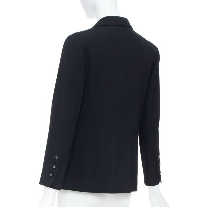 CHANEL 1996 Vintage black wool single cc logo button pocket blazer FR36 XS