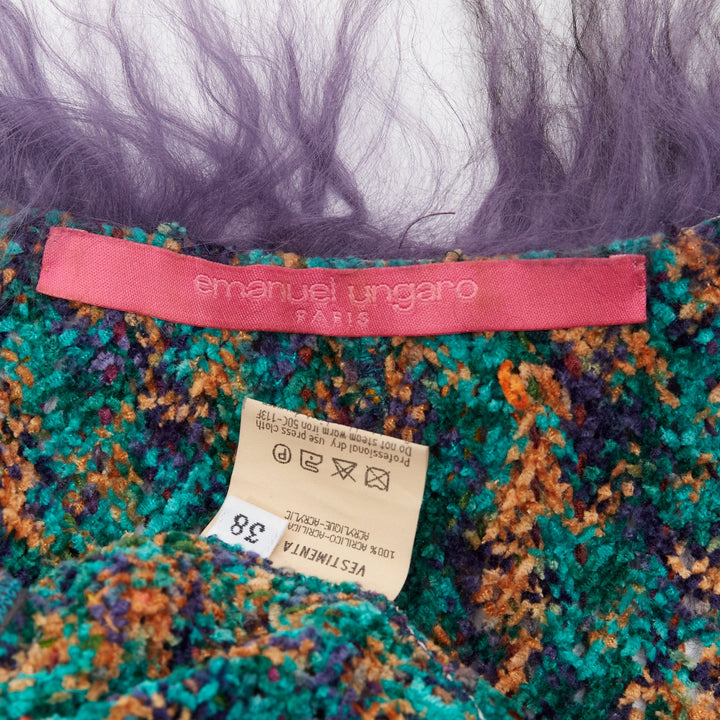 rare EMANUEL UNGARO purple faux fur trim green speckled tweed cro jacket IT38 XS