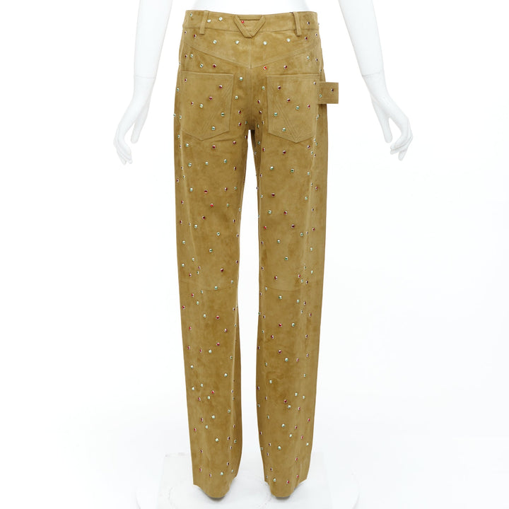 rare BOTTEGA VENETA 2021 Runway brown crystal embellished suede pants IT38 XS