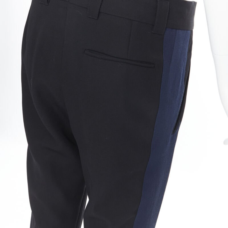 HAIDER ACKERMANN 100% fleece wool black navy grosgrain side cropped pants FR36