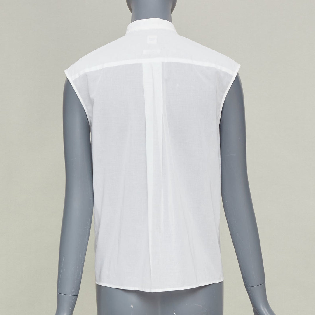 HERMES white pleated lambskin leather bib hidden button sheer cotton top FR34 XS
