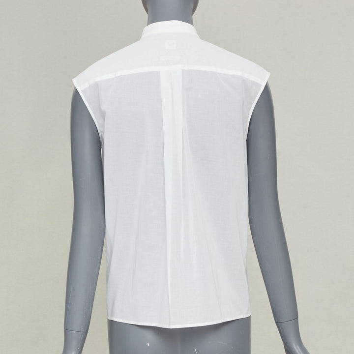 HERMES white pleated lambskin leather bib hidden button sheer cotton top FR34 XS
