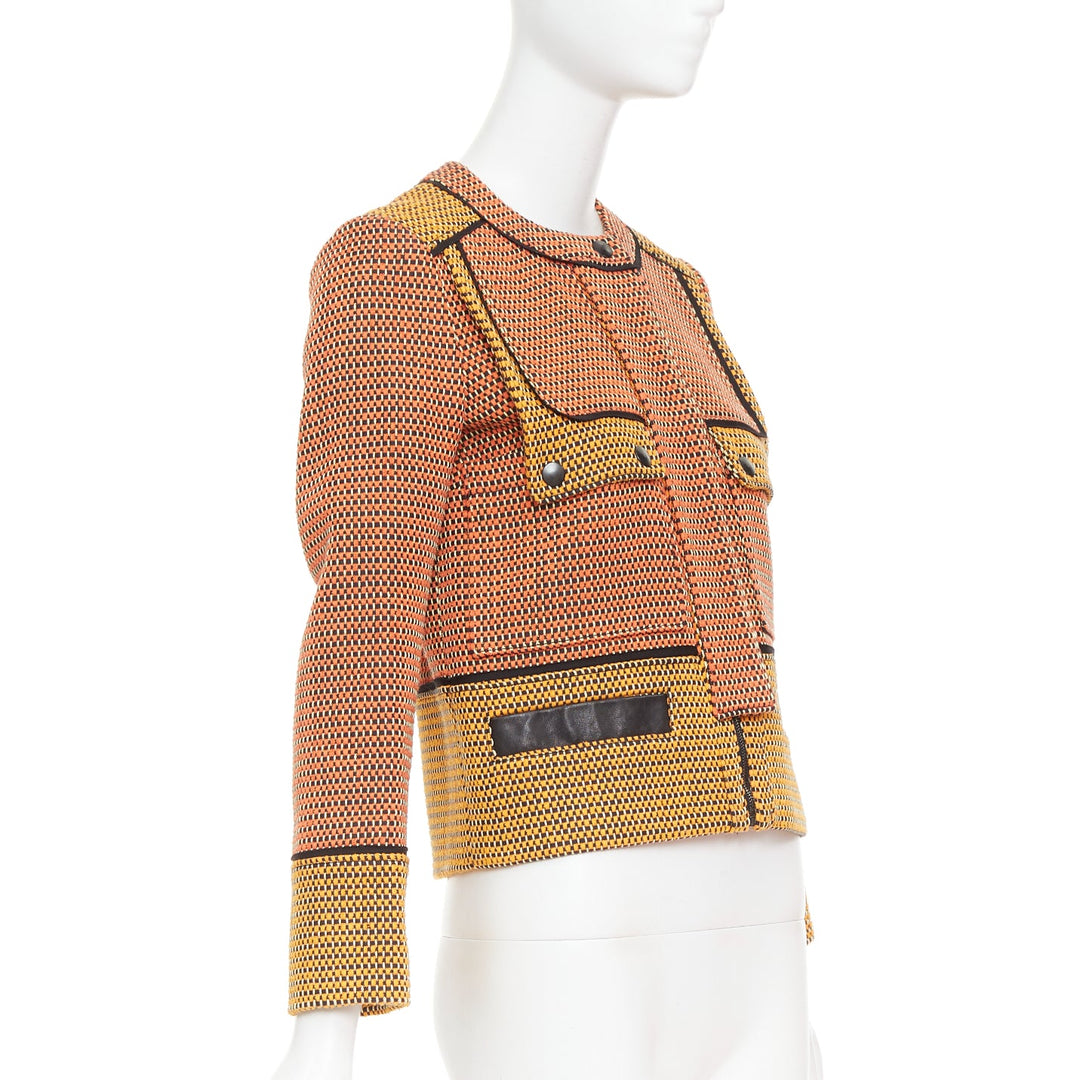PROENZA SCHOULER orange basket weave tweed black leather trim jacket US2 S