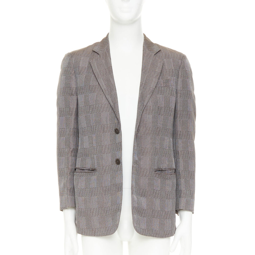 GIORGIO ARMANI taupe grey houndstooth plaid notched lapel blazer IT46 S