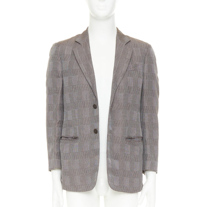 GIORGIO ARMANI taupe grey houndstooth plaid notched lapel blazer IT46 S