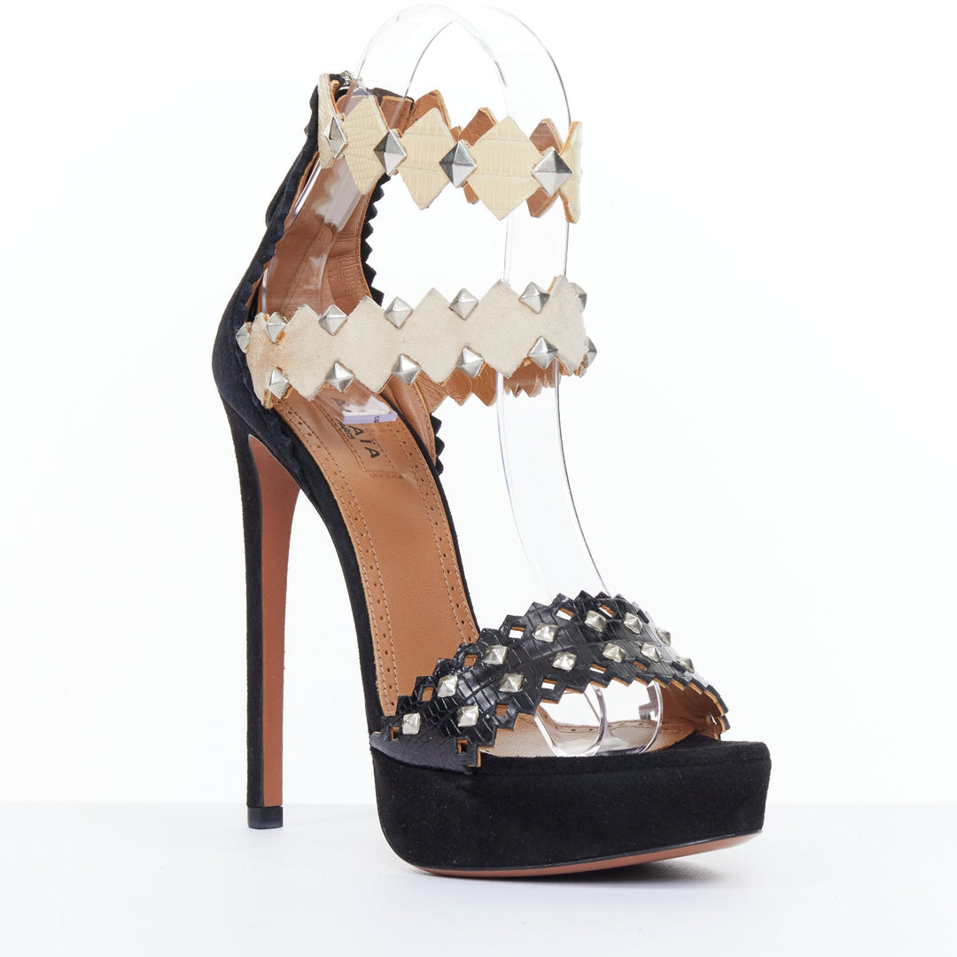 ALAIA 2012 black suede studded zig zag diamond cutout platform sandals EU35