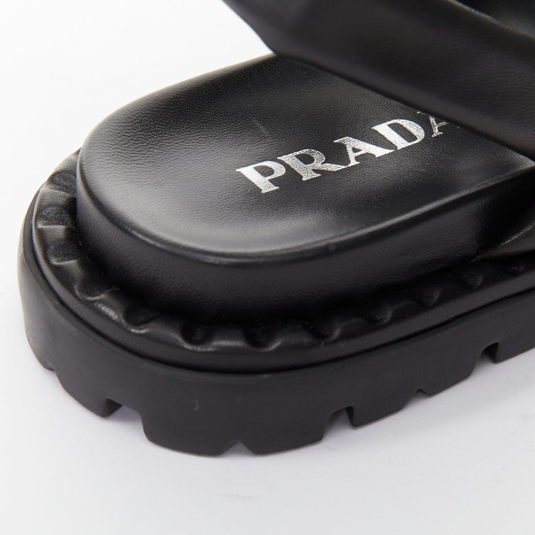 PRADA Blow black padded nappa leather strappy lug sole slingback sandals EU38.5