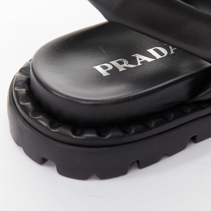 PRADA Blow black padded nappa leather strappy lug sole slingback sandals EU38.5