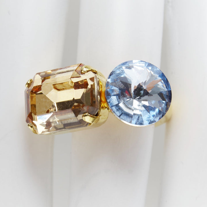 DRIES VAN NOTEN blue brown big crystal gold setting cocktail ring