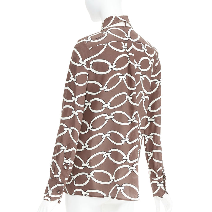 VALENTINO Chain 1967 brown cream crepe de chine silk tie neck blouse IT38 XS