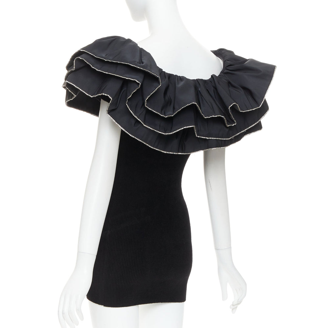 ALEXANDRE VAUTHIER 2024 black ribbed velour knit crystal trim ruffle mini dress