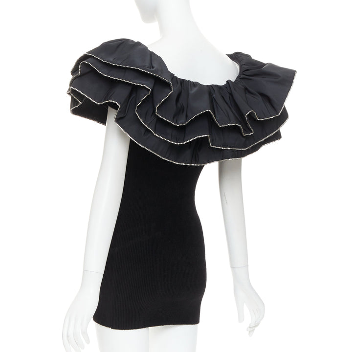 ALEXANDRE VAUTHIER 2024 black ribbed velour knit crystal trim ruffle mini dress