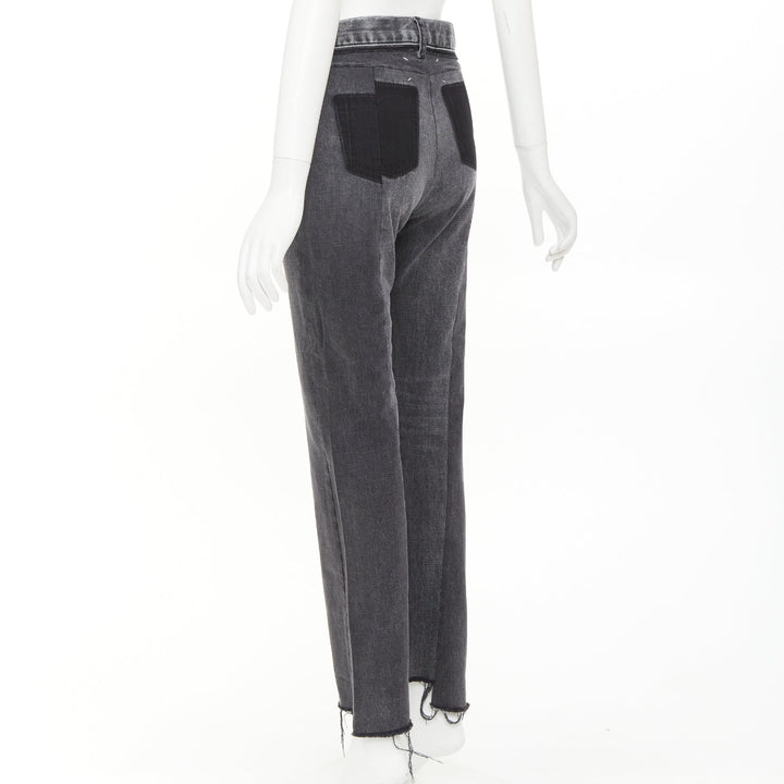 MAISON MARGIELA grey washed denim patchwork waistband print back raw hem jeans S