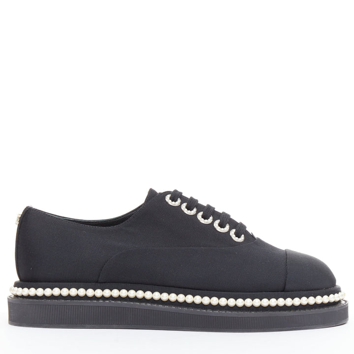 CHANEL black canvas pearl embellished trim fabric oxfords EU35.5