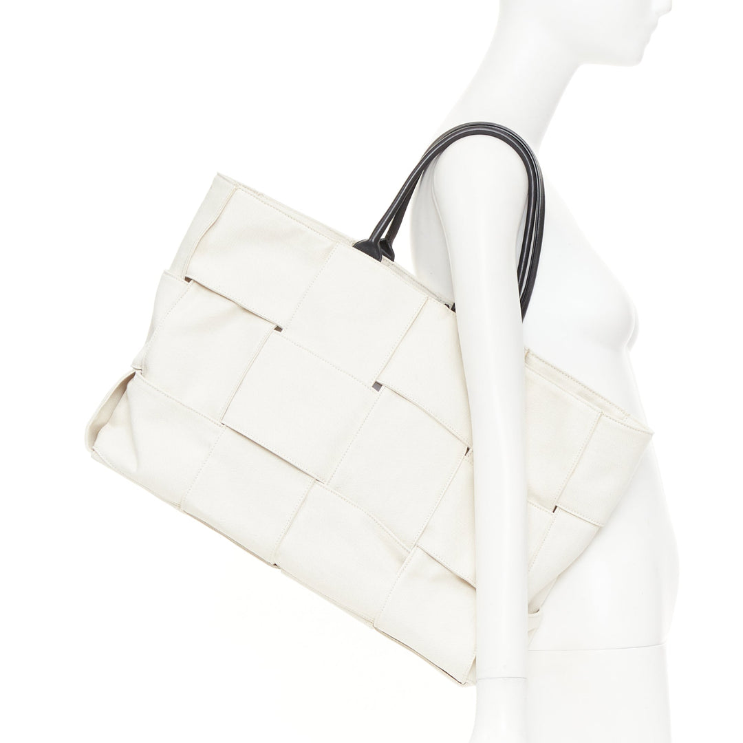 BOTTEGA VENETA Large Arco Intrecciato weave off white canvas black leather tote