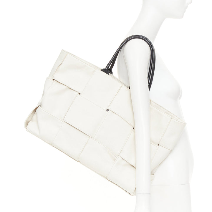 BOTTEGA VENETA Large Arco Intrecciato weave off white canvas black leather tote