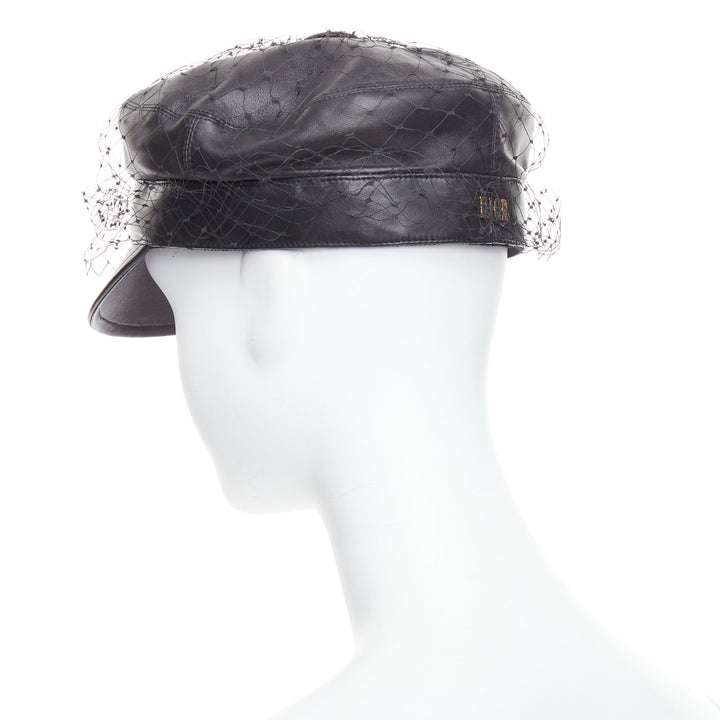 DIOR Arty black soft leather mesh veil CD bee lined newsboy hat