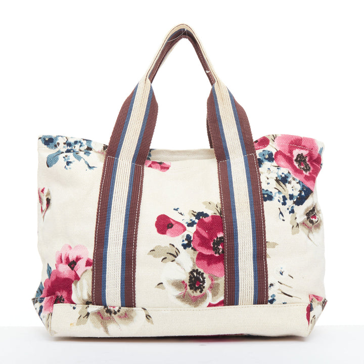 MARNI cream canvas pink floral print brown web trim casual tote bag