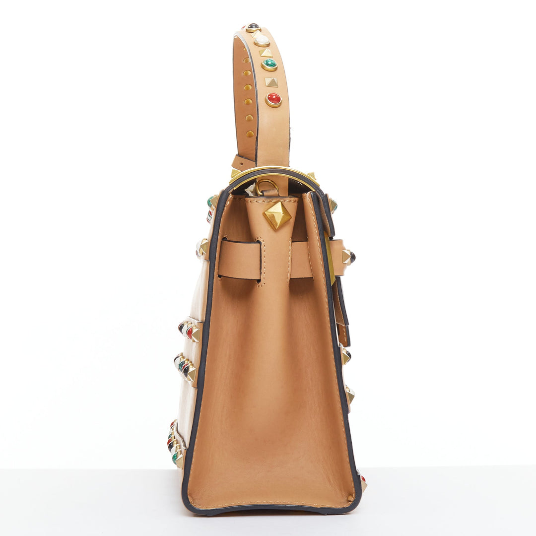 VALENTINO Rockstud Native Couture brown calfskin multi stone stud satchel bag