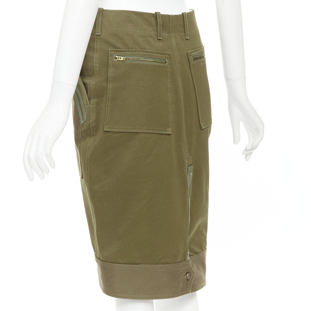 CELINE 2010 khaki green cotton patchwork pocket zipper cargo skirt FR40 L