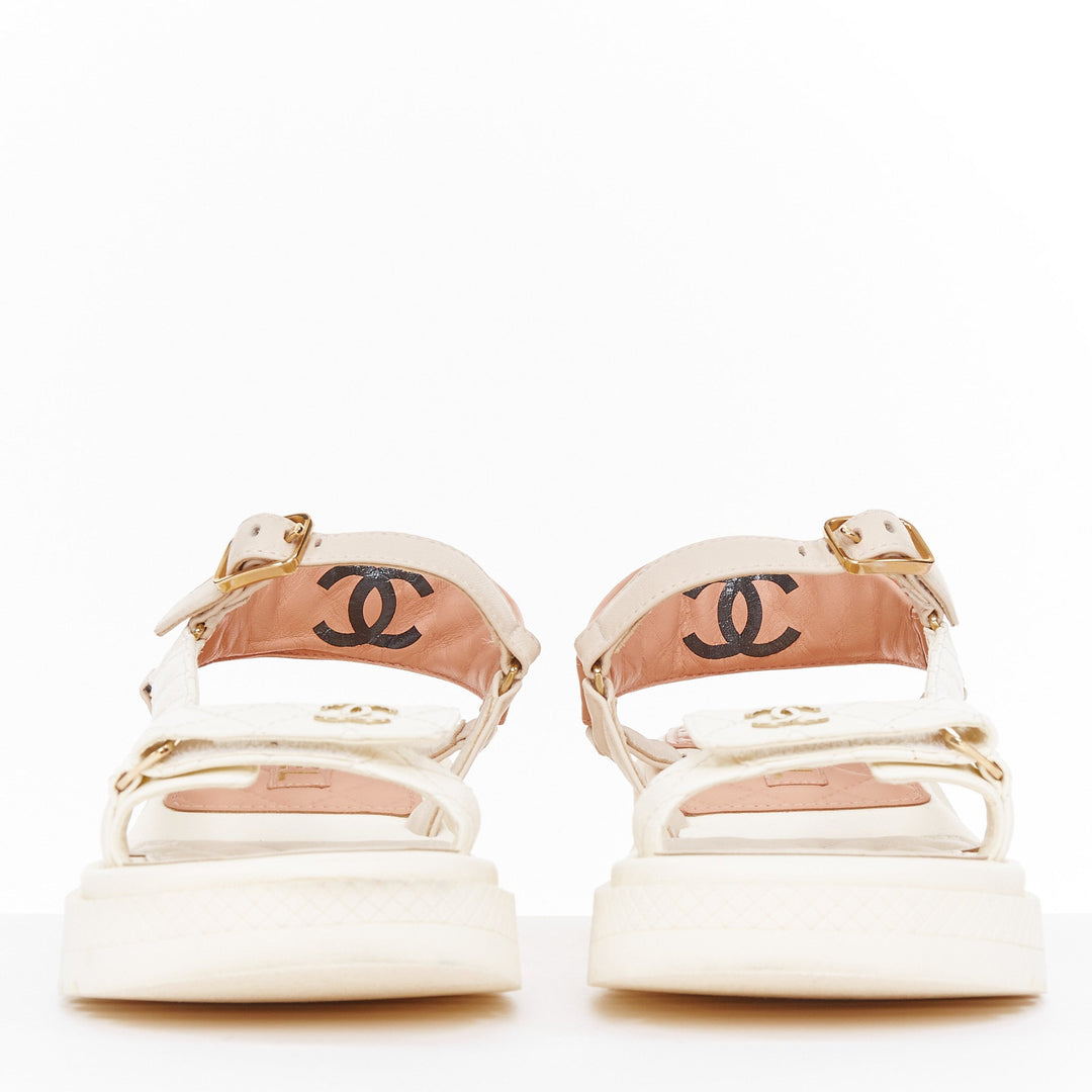 CHANEL 2023 white quilted canvas CC logo flatform strappy dad sandals EU38